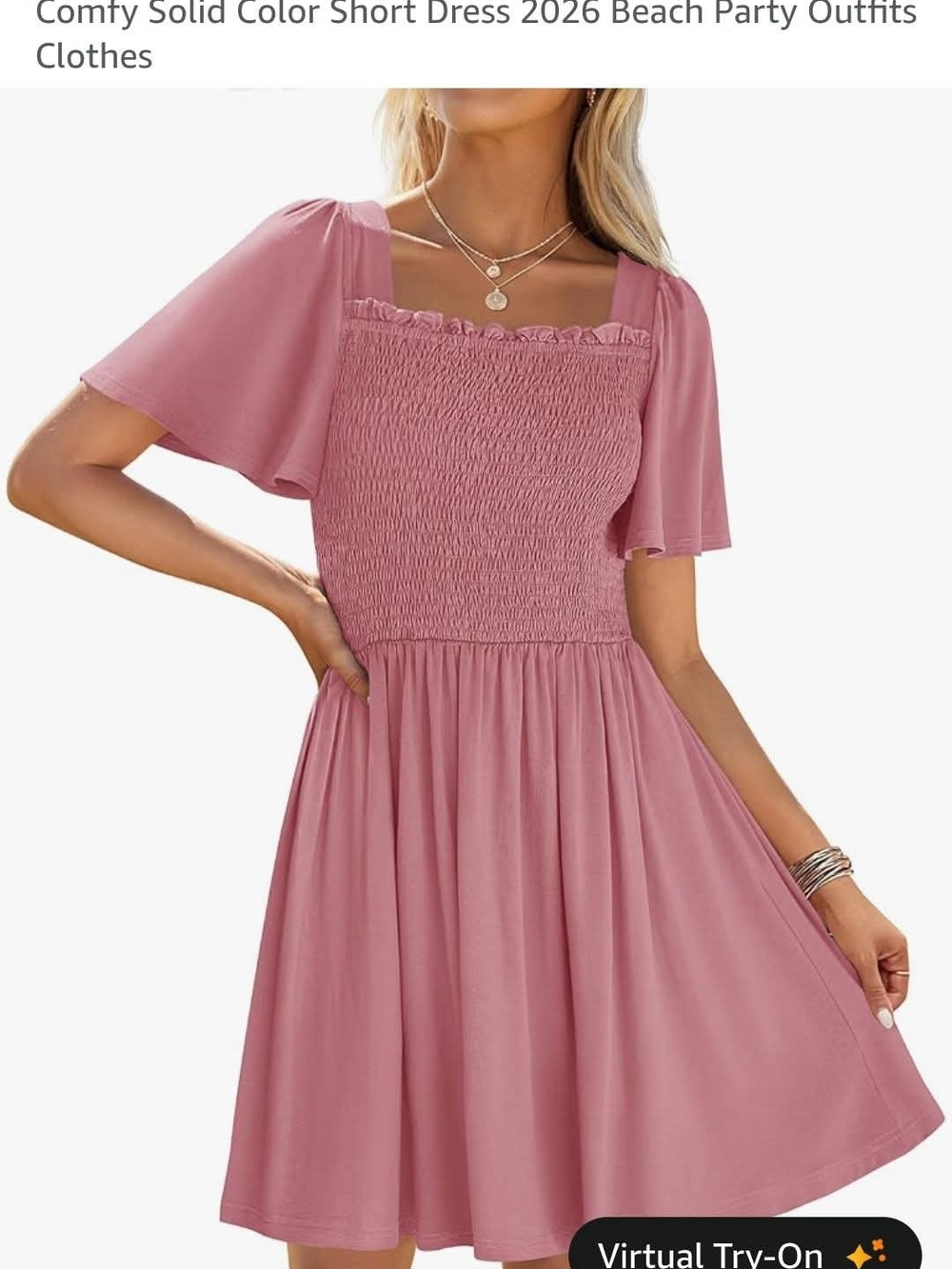 Smocked Square Neck Mini Dress in Dusty Rose